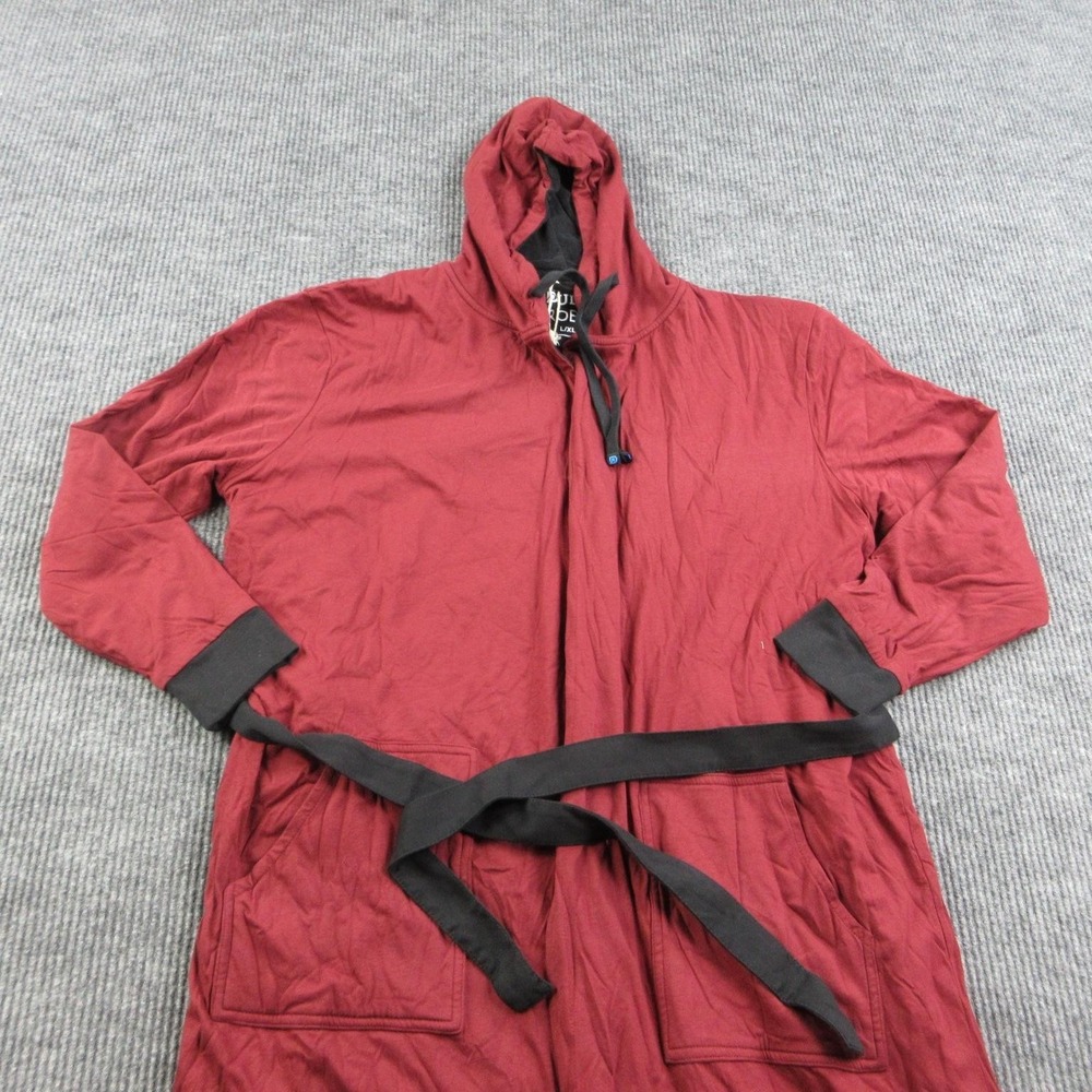 DudeRobe Robe Mens L Red Hooded Belted Polycotton Jersey Lightweight NWT - Picture 2 of 16